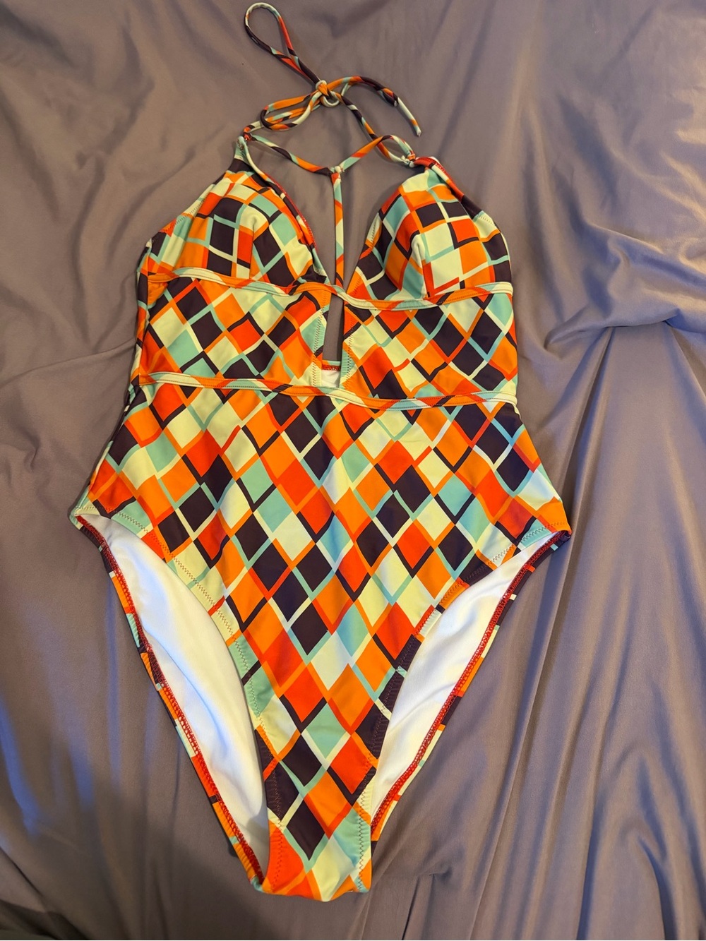 Womens One-Piece Swimwear in Orange, Aqua & Navy Diamond Print - XL